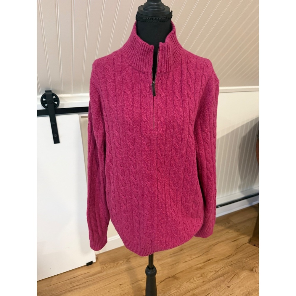 Brooks Brothers L Pink Italian Merino Cashmere Cable Knit Quarter Zip Sweater